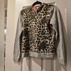 Leopard Print Womens Top with Gray Sleeves And Hood